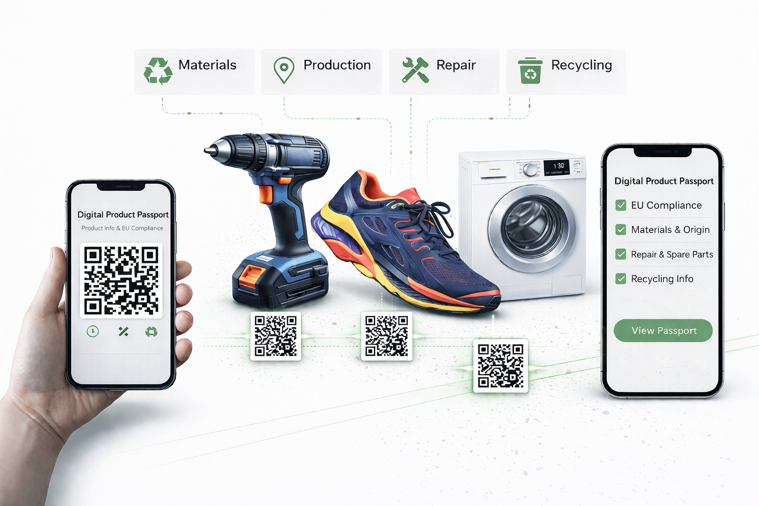 Digitaler Produktpass in der Praxis: Produkte mit QR-Code und DPP-Ansicht auf dem Smartphone